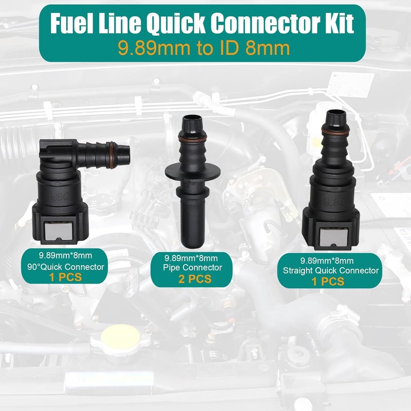 Dekiphox 2 Sets Fuel Line Quick Connect Fittings, Push-On Hose Release Connector Straight & Elbow Pipe Connectors SAE 9.89mm to ID 8mm - Image 2